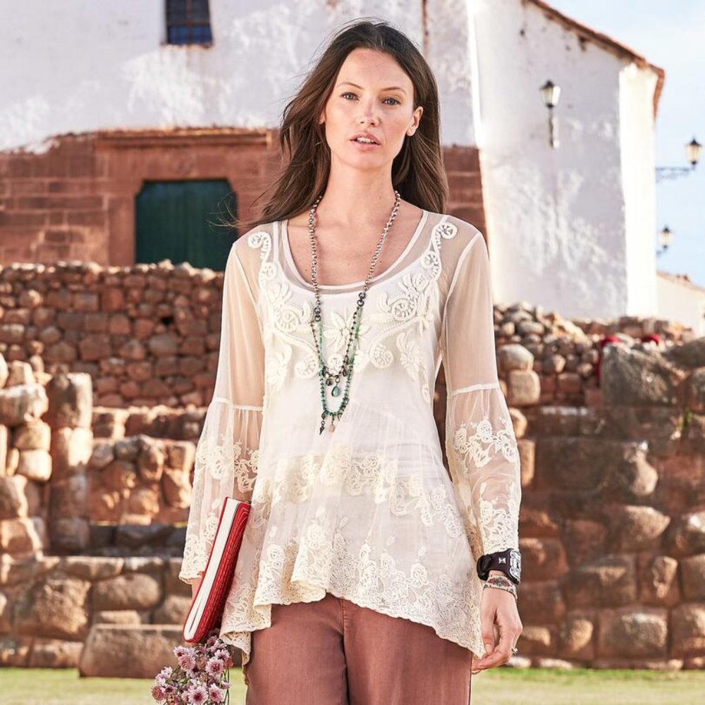 NWT Sundance Heaven On Earth Top Lace Embroidered Ivory Boho Blouse Size M